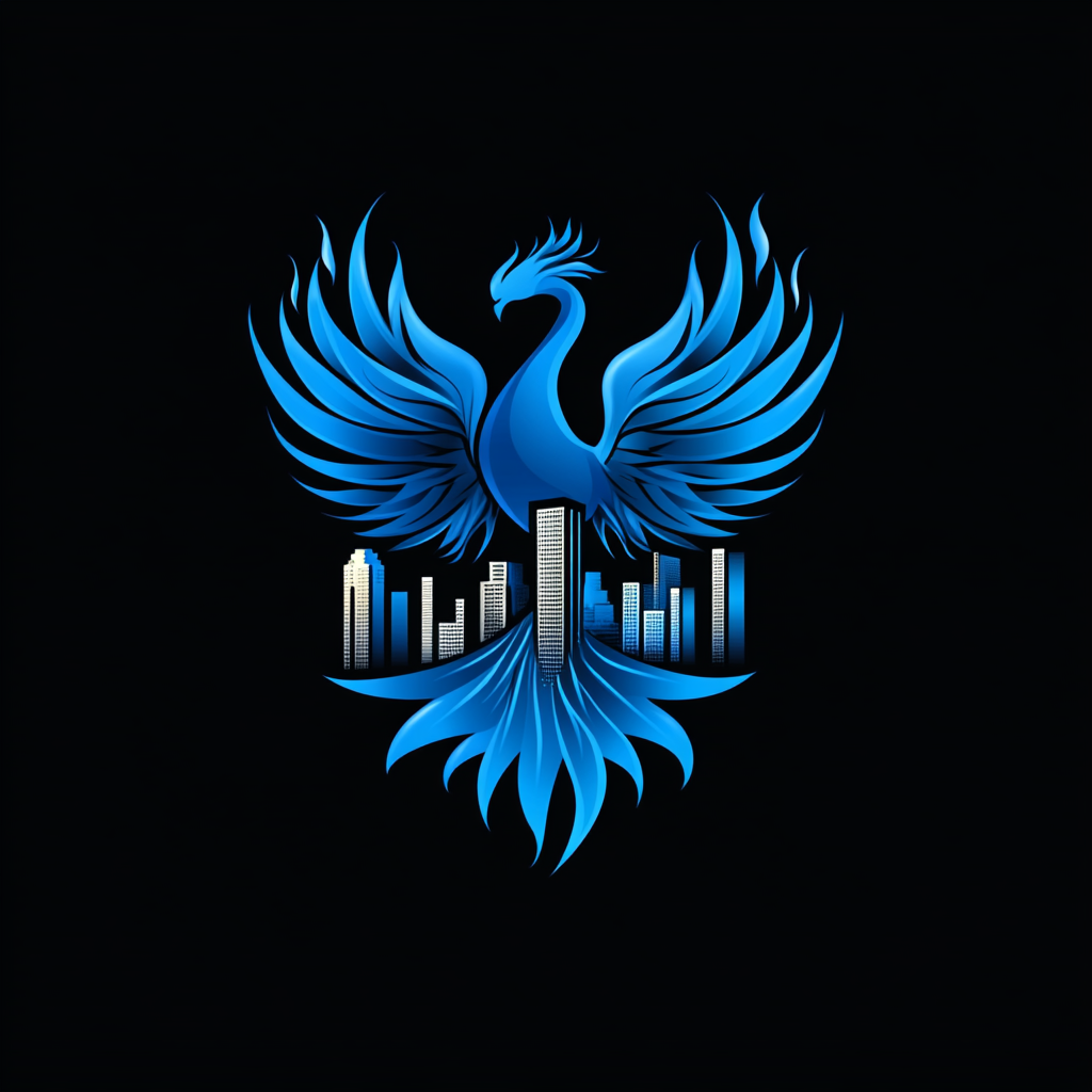 Logo design: Houston skyline, blue phoenix, fiery flames.