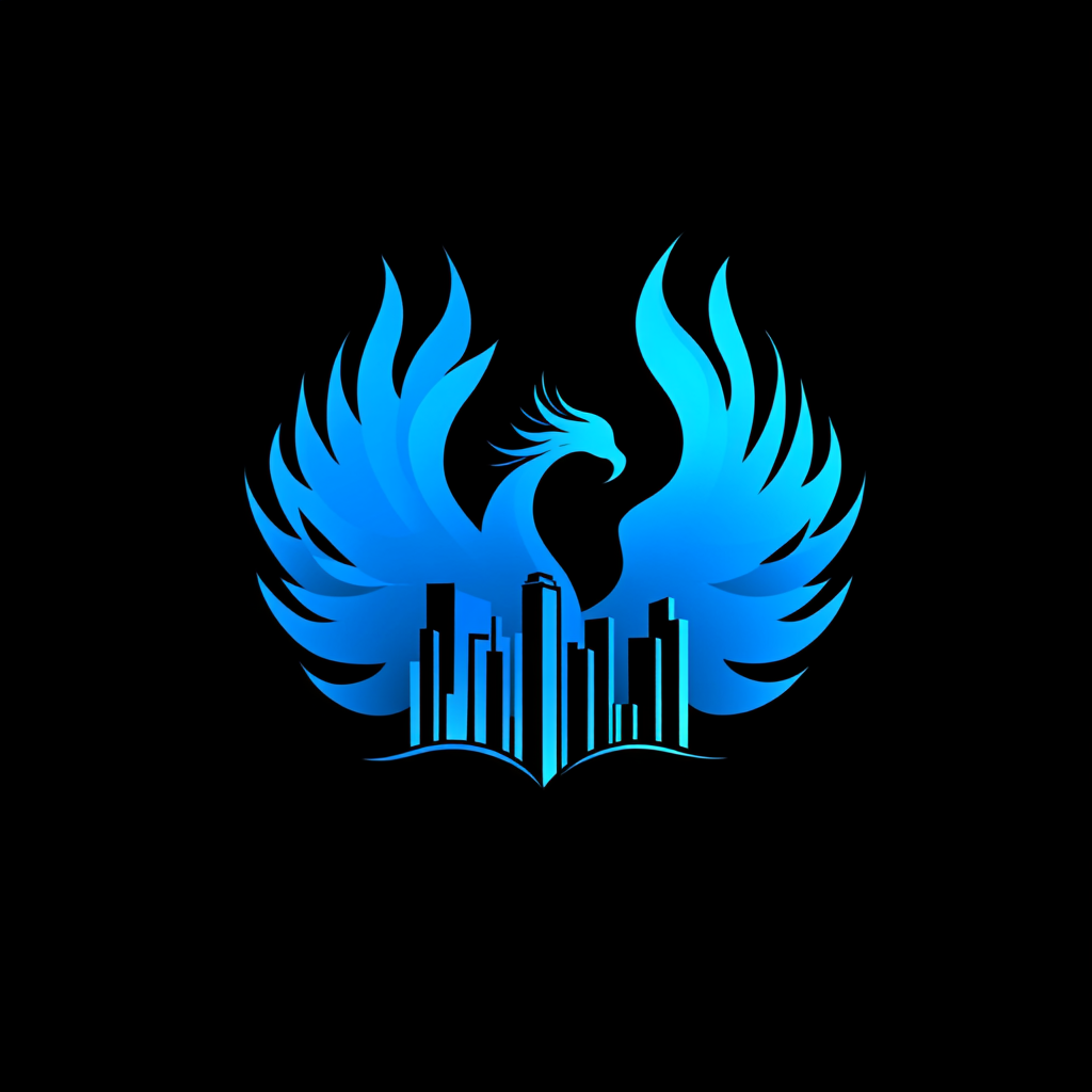 Logo design: Houston skyline, blue phoenix, fiery renewal.