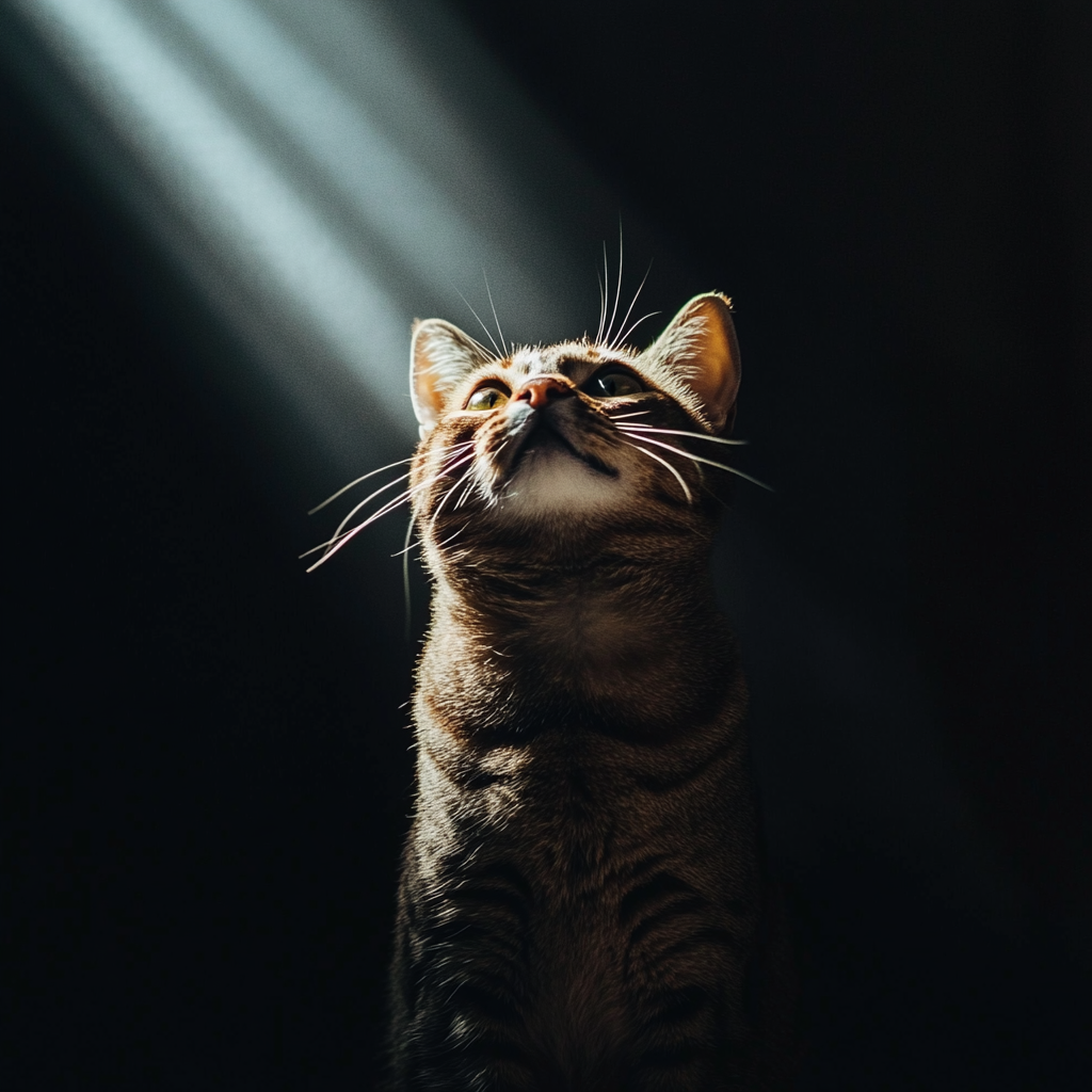 Logo of cat with light beams expanding towards camera.