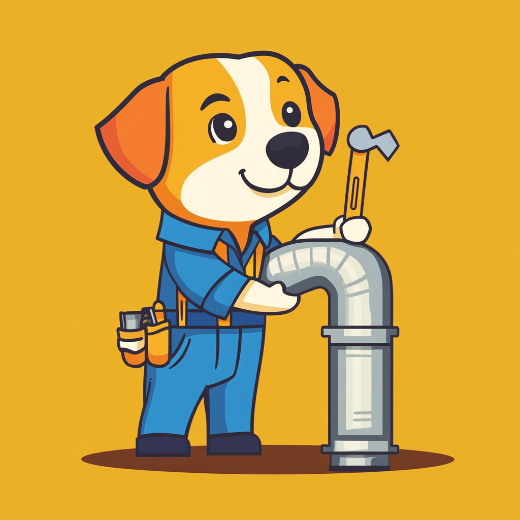 Logo of dog in work clothes with pipe wrench.