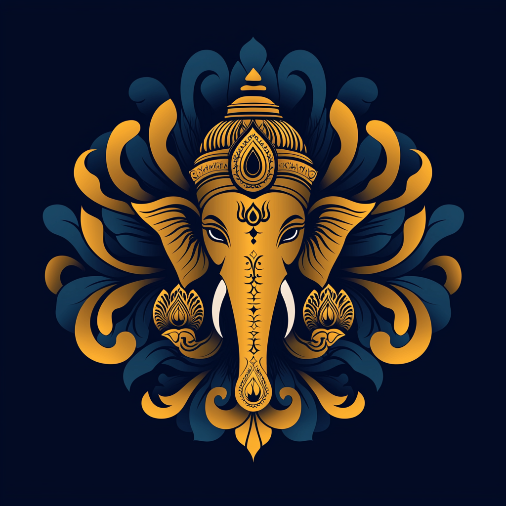 Logo of shiny gold Ganesha with bright chakras