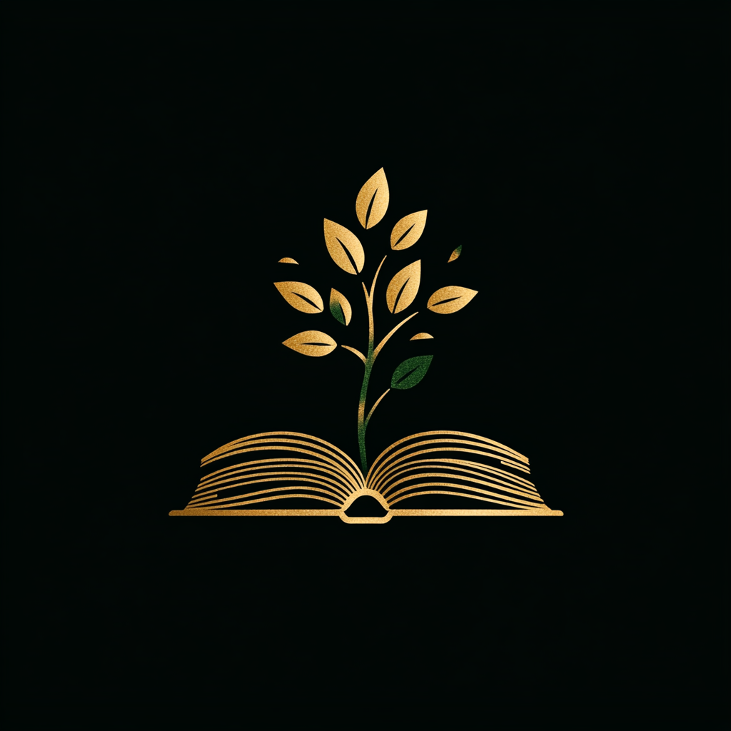 Logo with gold book, green tree growing out.