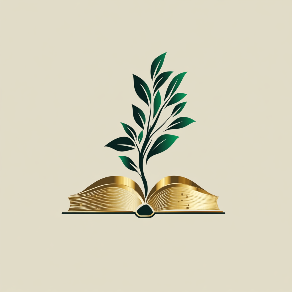 Logo with gold semi-closed book and green tree.