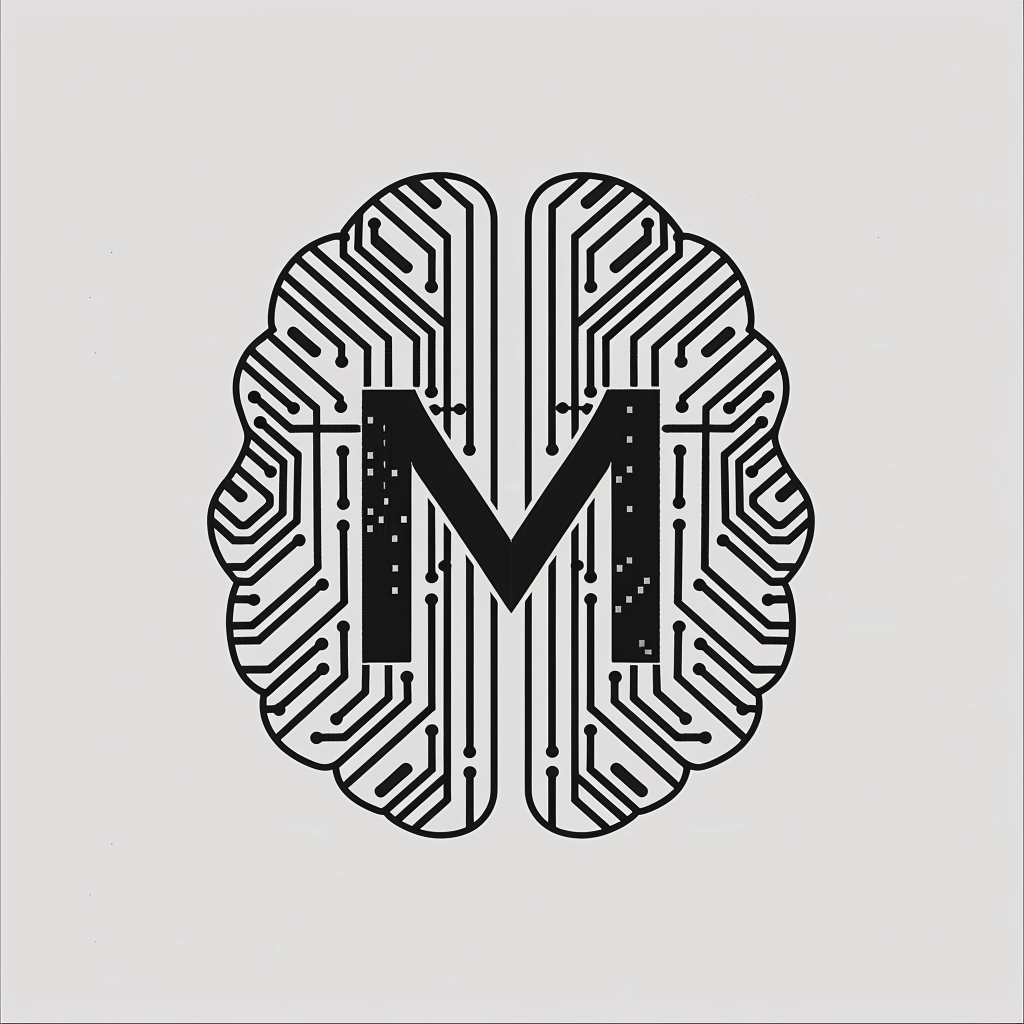 Logo: 'M' in brain with circuit board pattern integration