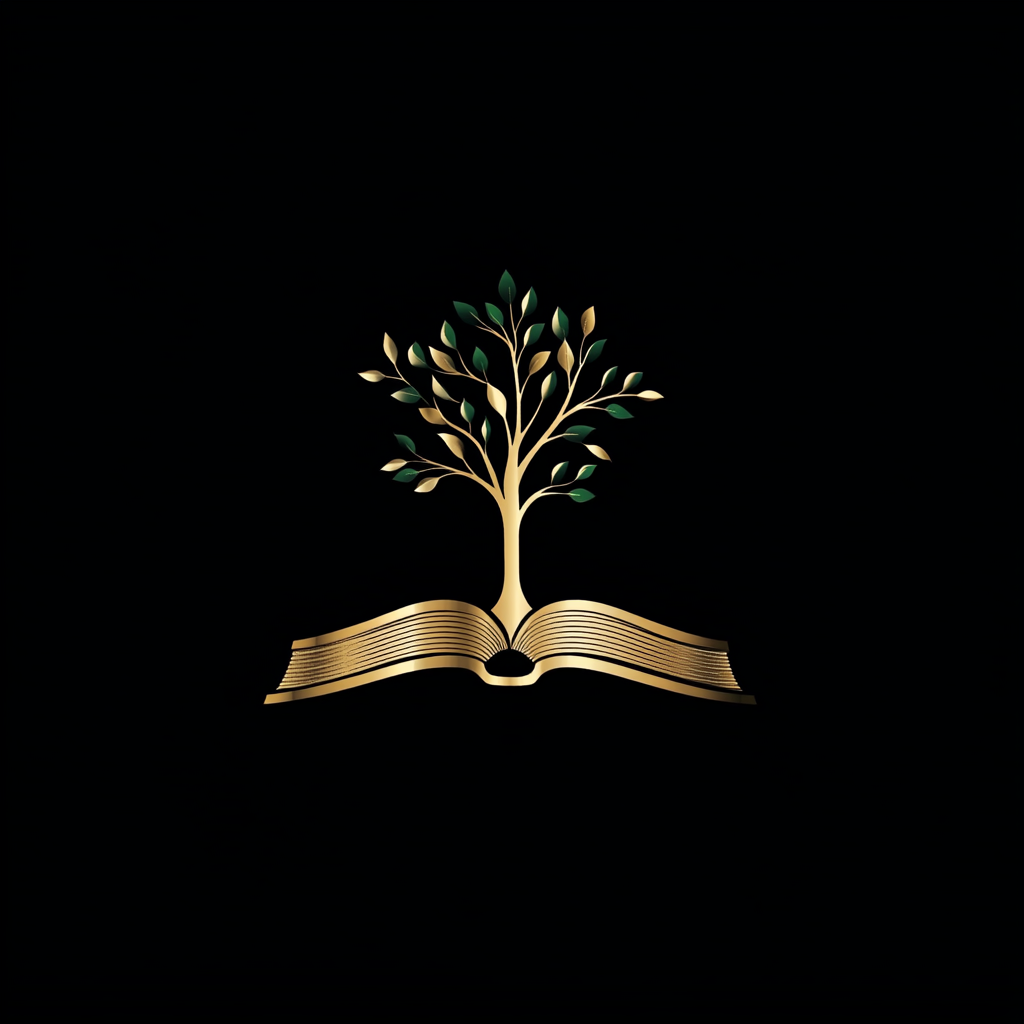 Logo: Gold book with metallic green tree - northeast direction