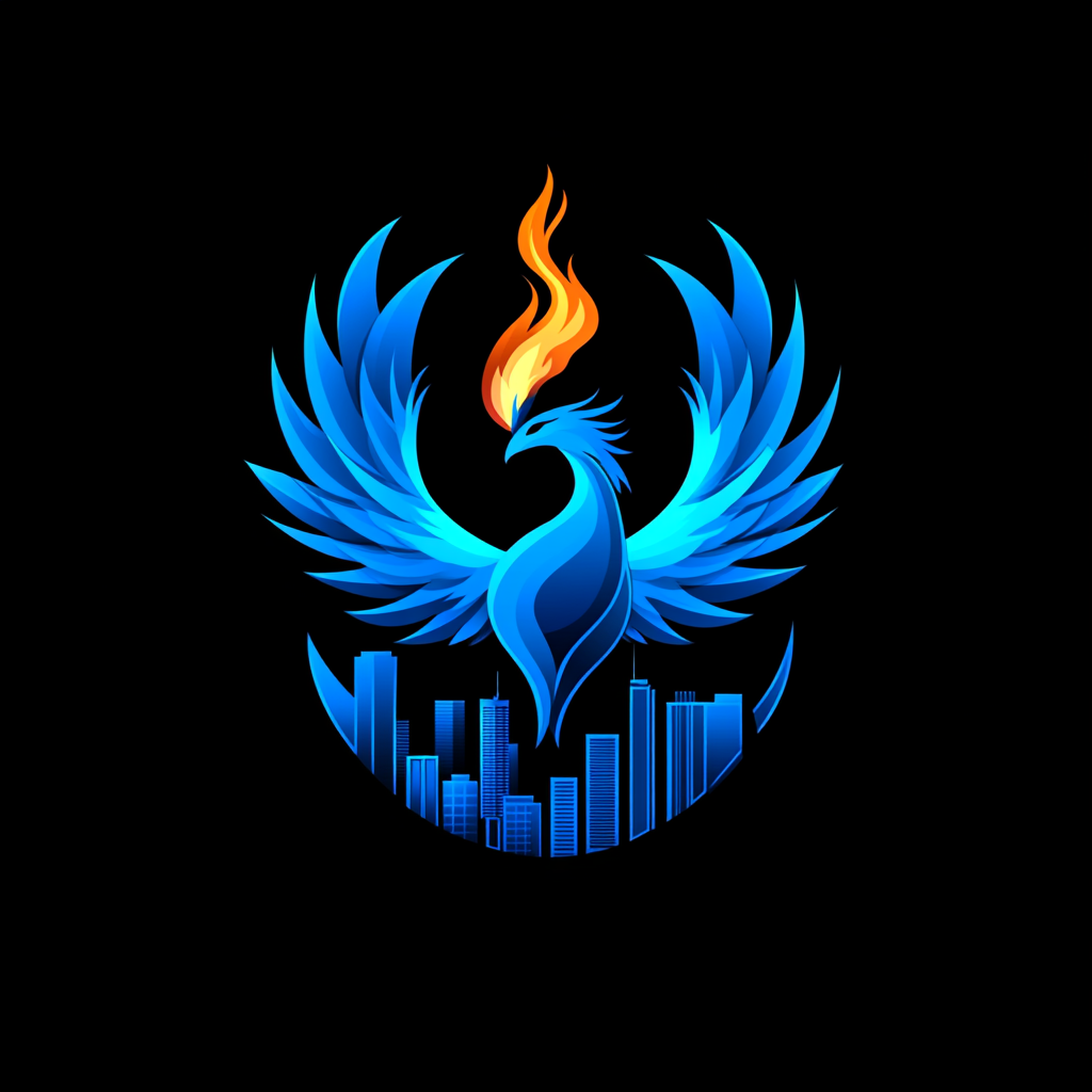 Logo: Houston skyline, blue phoenix, black background, RE-IGNITE.