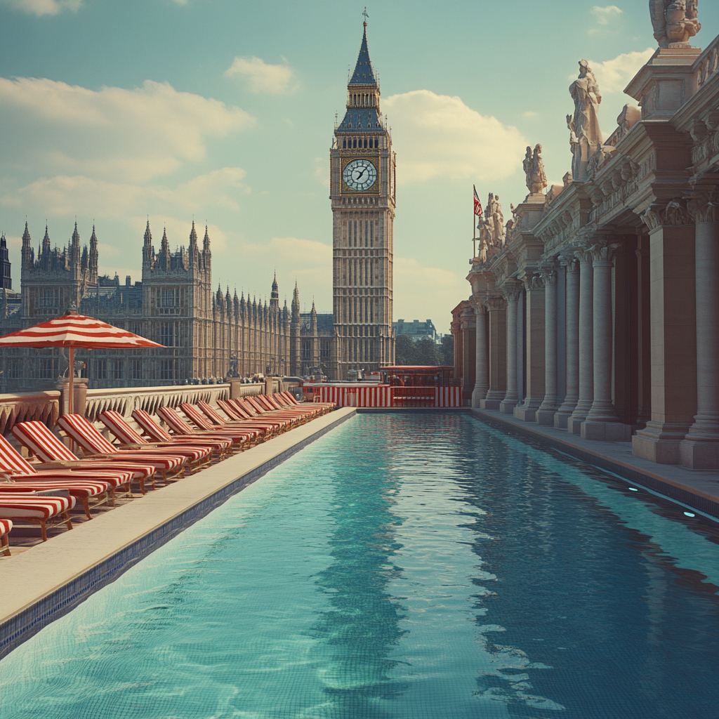 London Olympic Infinity Pool with Striped Loungers