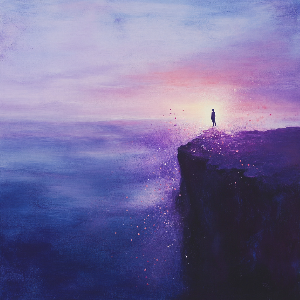 Lone figure at cliff, gazing towards glowing light.