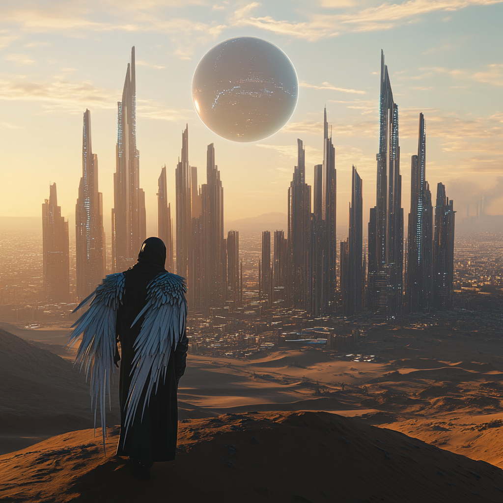 Lone man in Saudi attire with wings overlooking city.