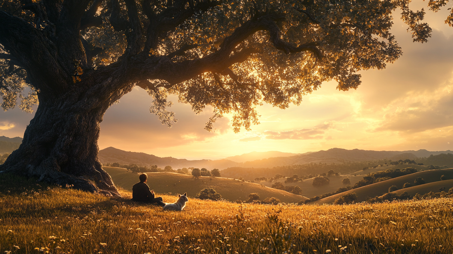 Lone traveler and wolf resting under oak tree.