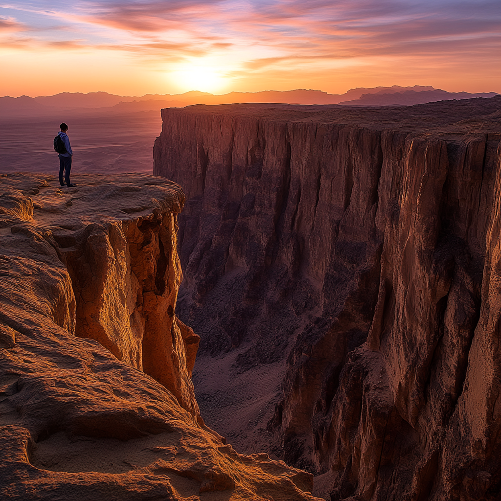 Lone traveler in awe at breathtaking sunset in Riyadh.