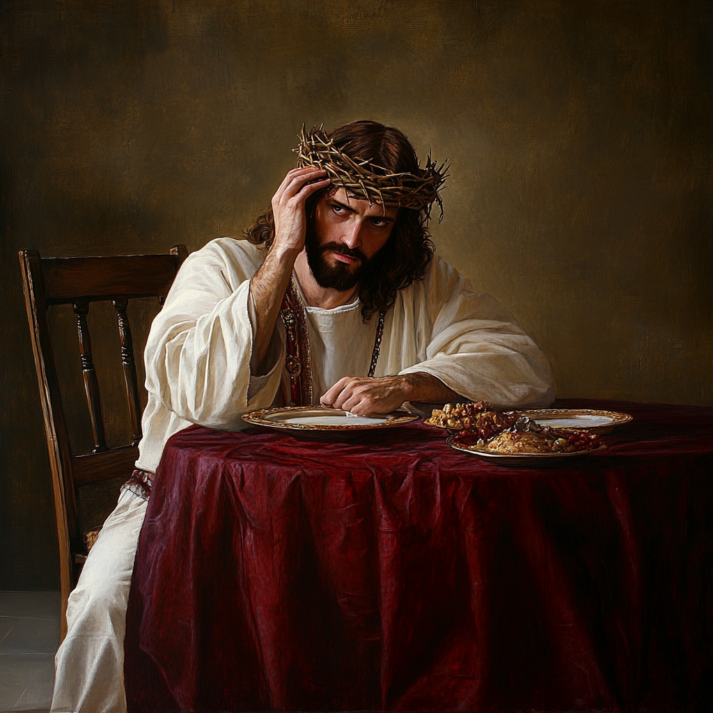 Lonely Jesus as King dining alone, feeling ignored.