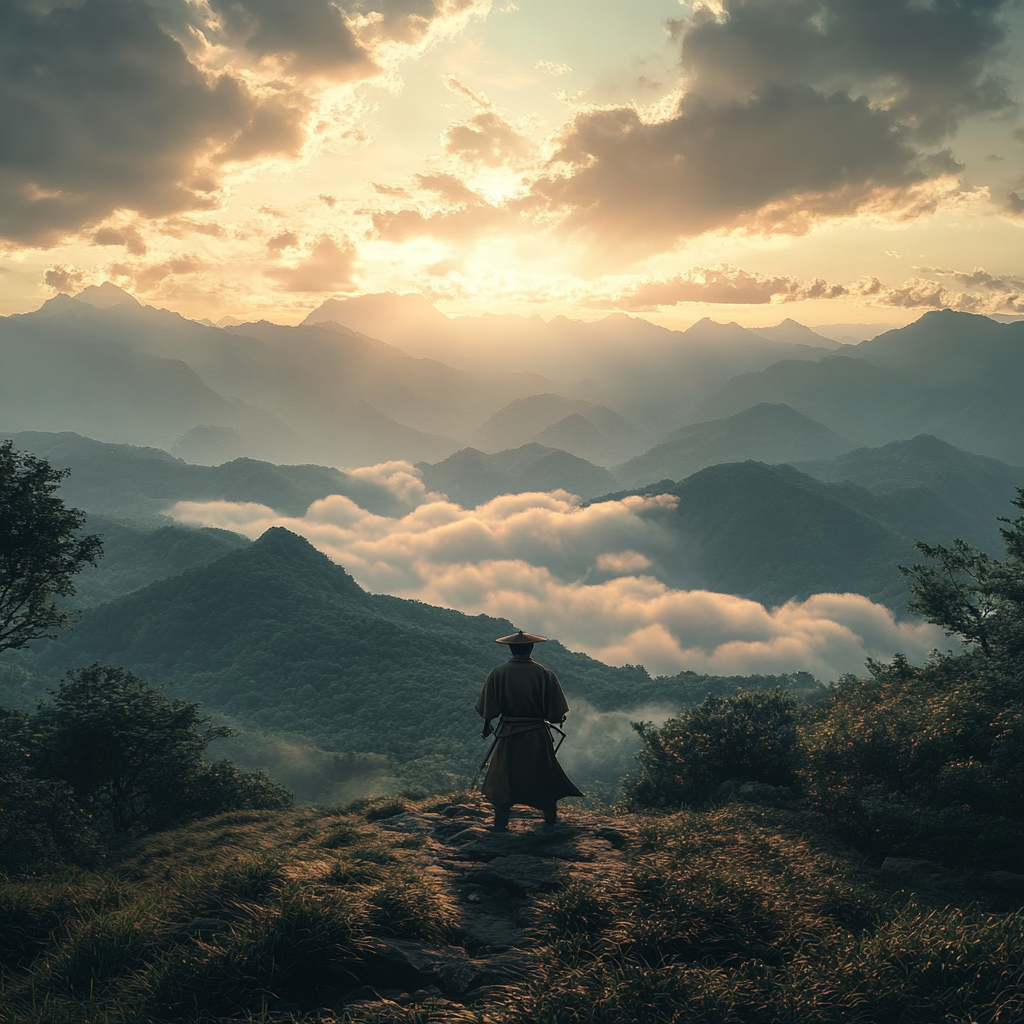 Lonely Samurai Returns Home on High Mountain Trail