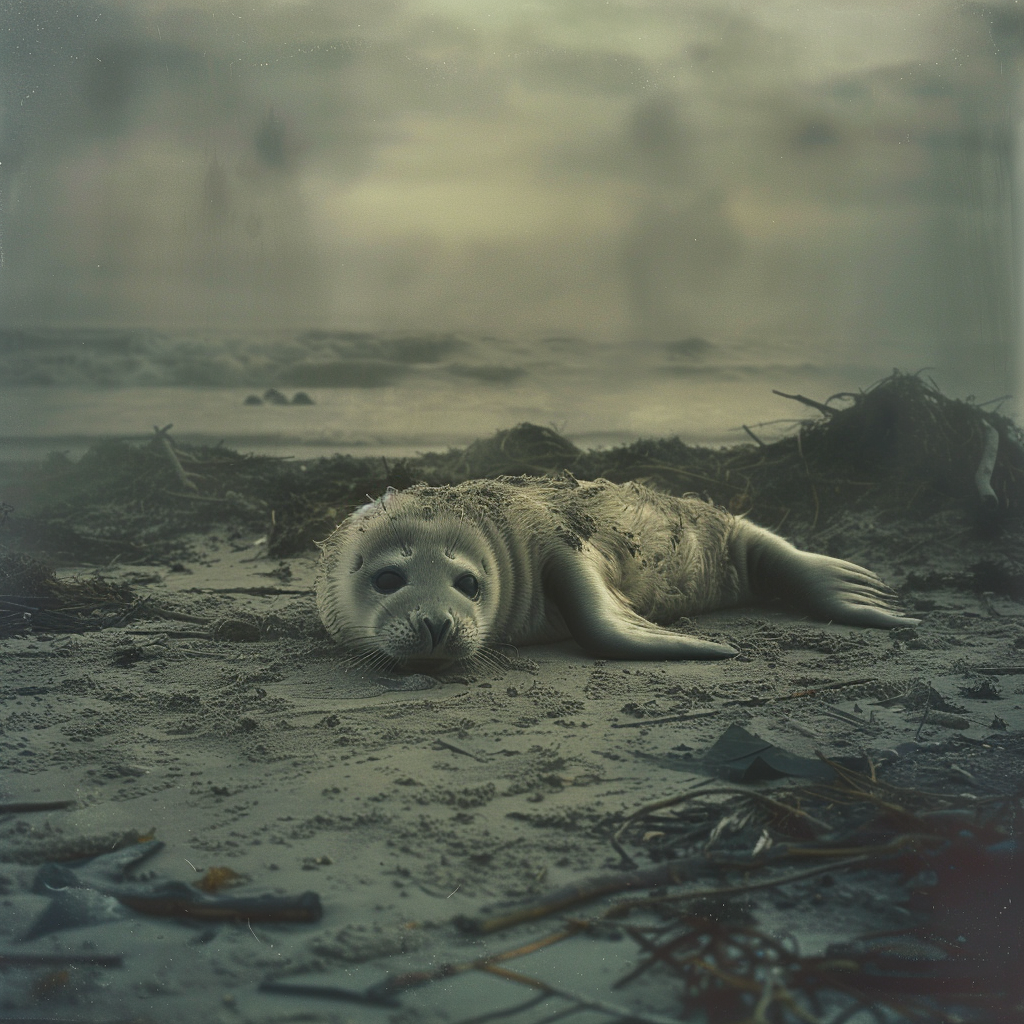 Lonely Seal Pup Struggles to Survive on Beach.