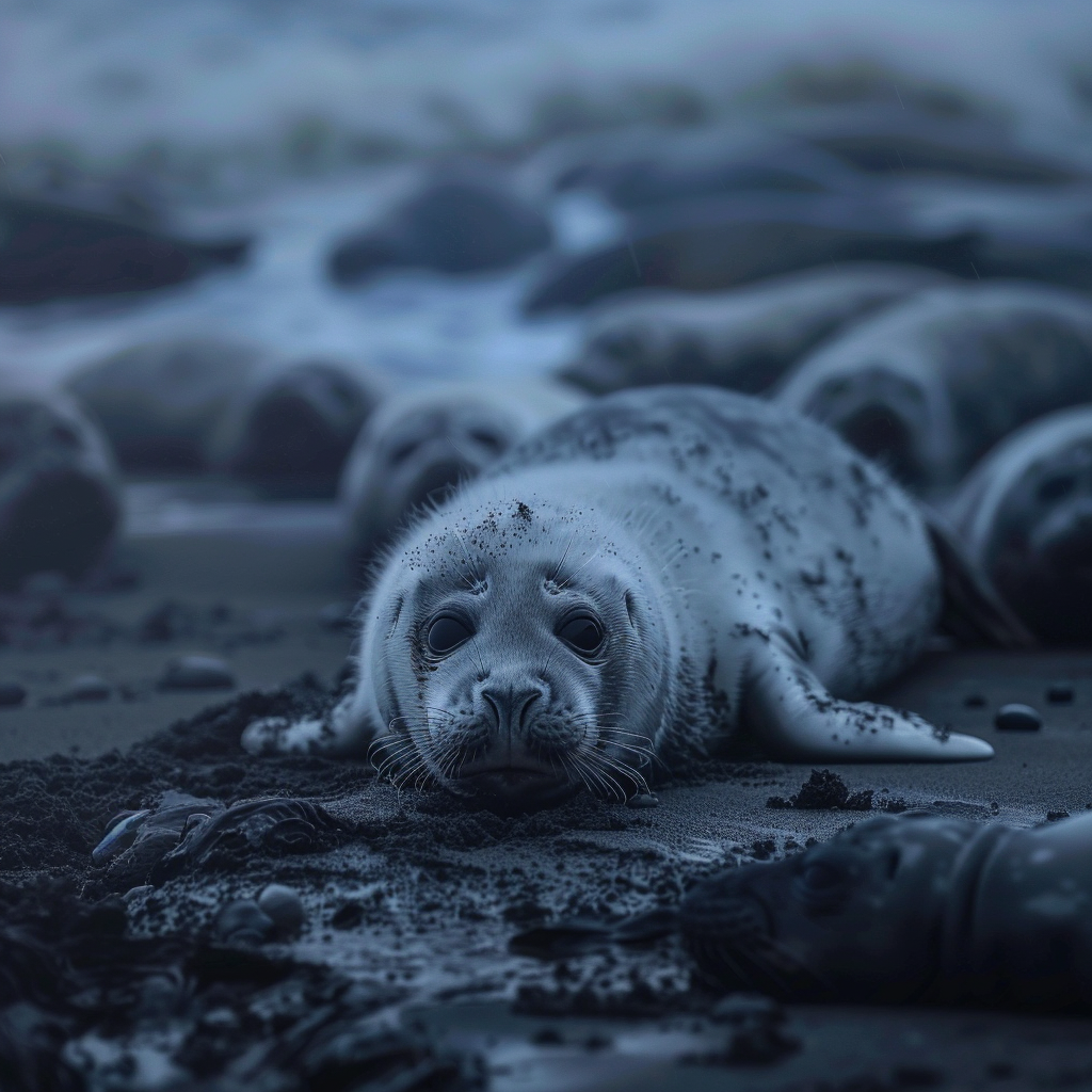 Lonely baby seal surrounded by carcasses in misty setting.