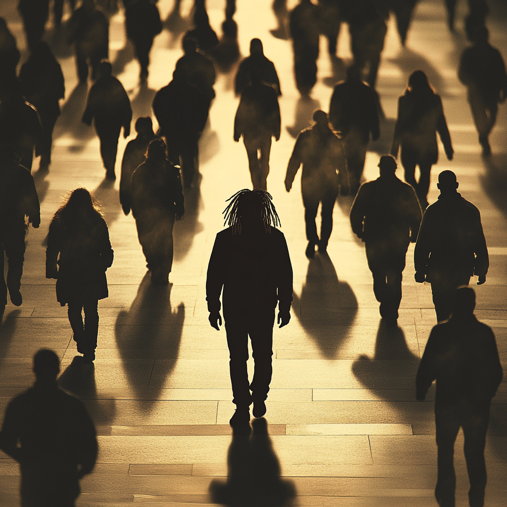 Lonely black man stands cold in a lively crowd.