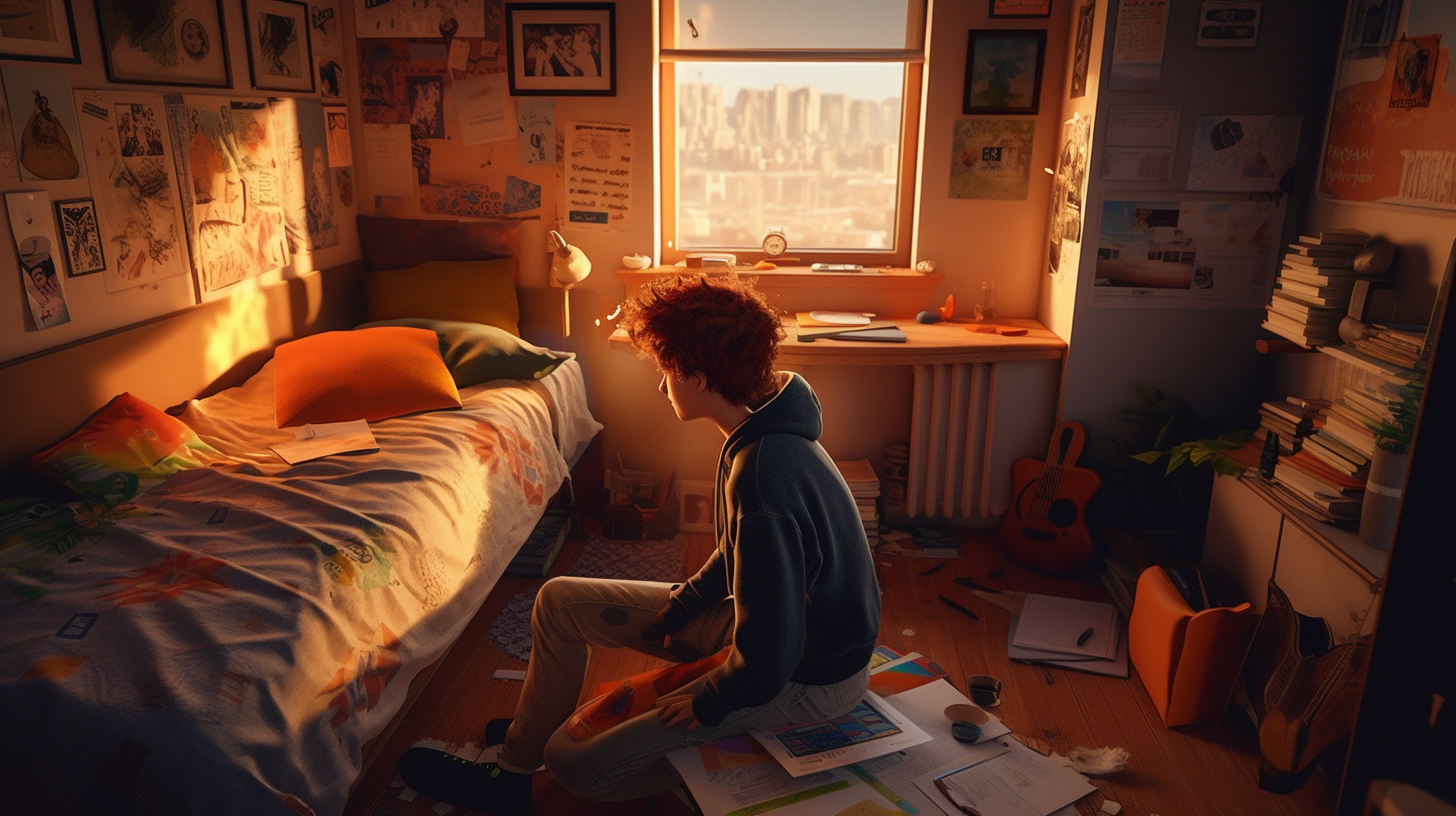 Lonely boy reflects in colorful, cluttered childhood sanctuary.