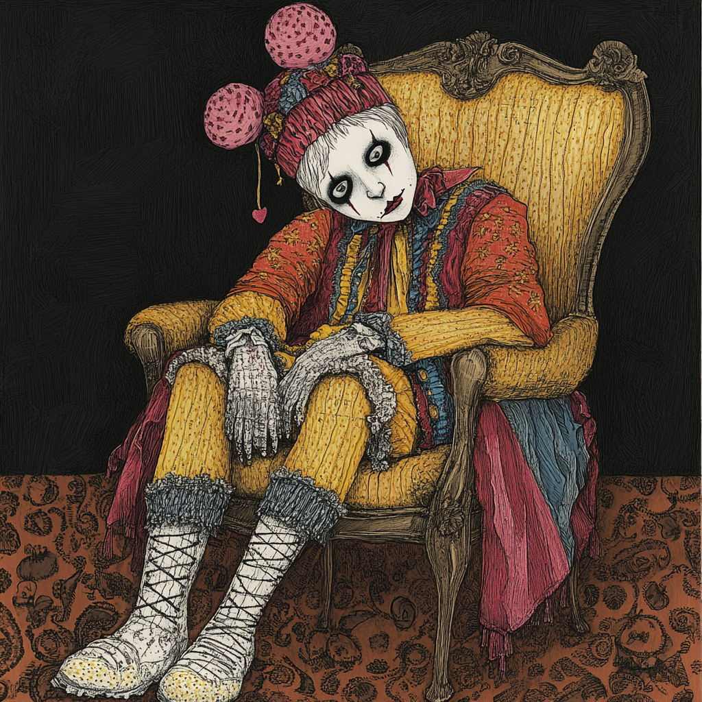 Lonely circus puppet in bright costume on chair.