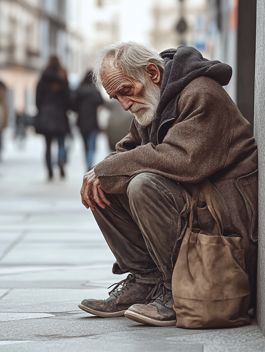 Lonely elderly man begging on city sidewalk ignored by passersby