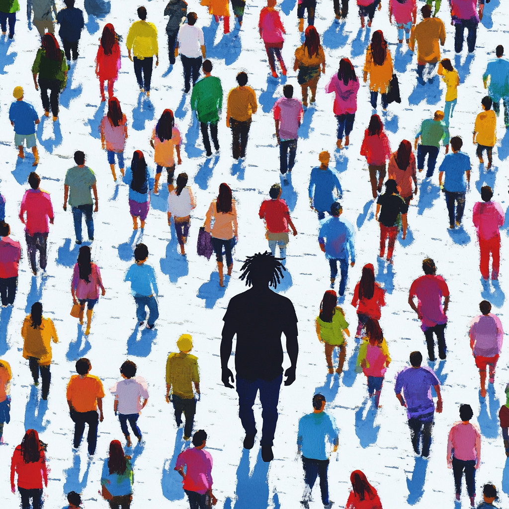 Lonely man with snow cloud over head watches crowd.