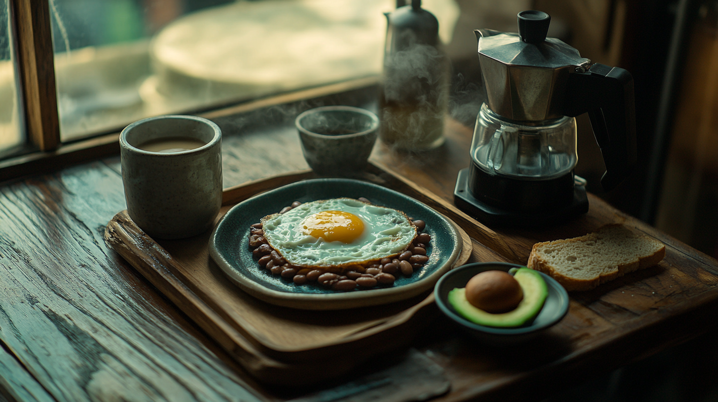 Lonely meal on rustic table in old-fashioned café