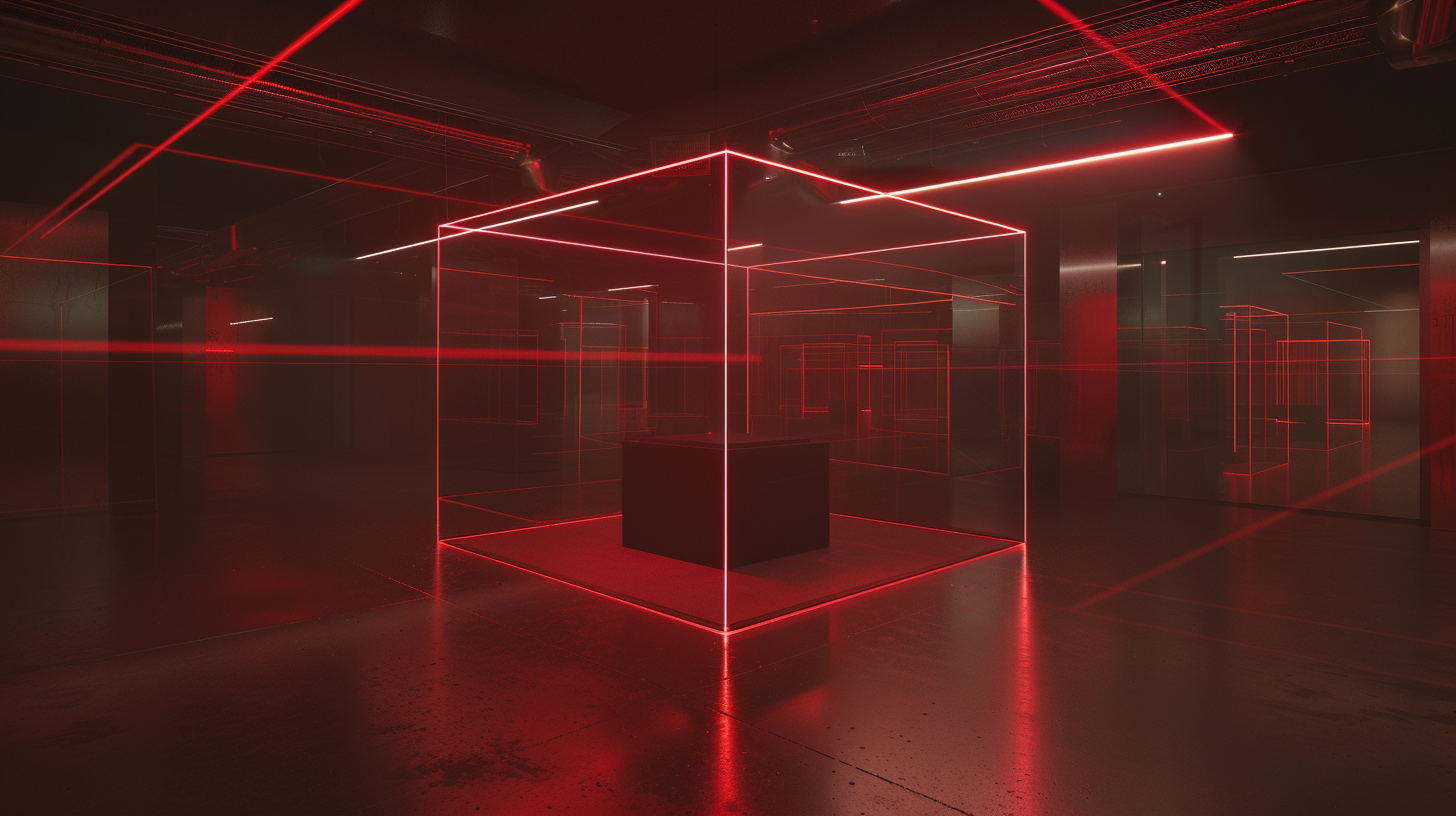 Lonely museum at night, glass box, red lasers, realistic.