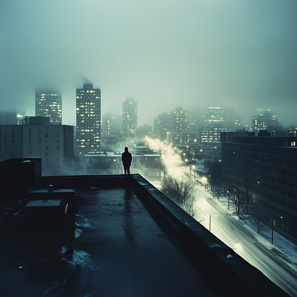 Lonely person on city rooftop at night