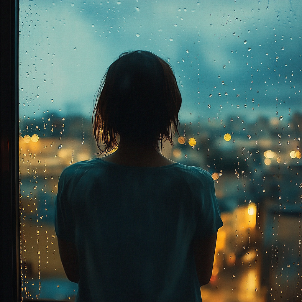 Lonely person staring out rainy city window, longing for home