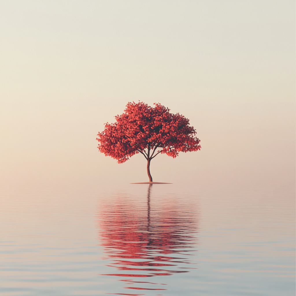 Lonely red tree in vast lake, cinematic effect, sunrise.