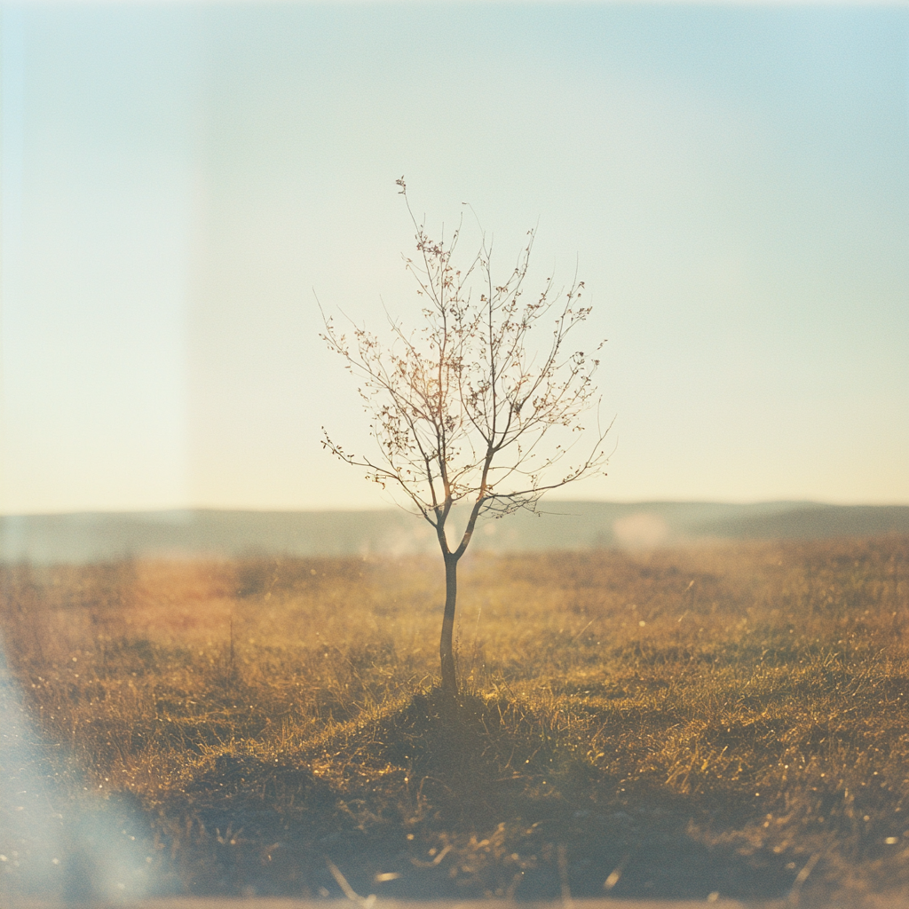 Lonely tree in field, seen through glass window.