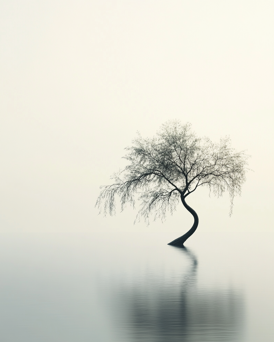 Lonely tree in lake, film-style photography, serene atmosphere.