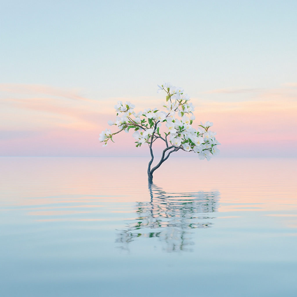 Lonely tree with white flowers in calm water, reflection.