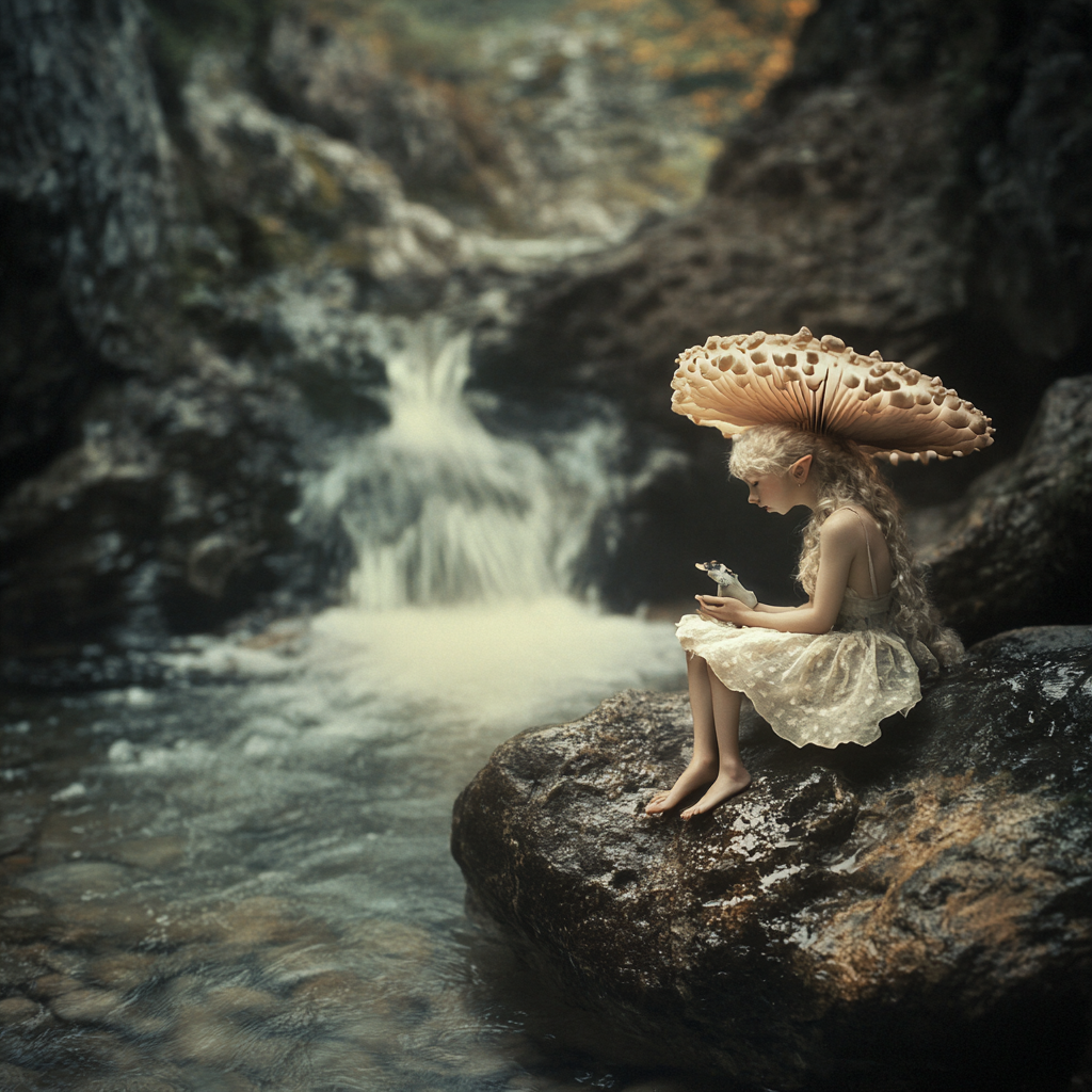 Lonely water pixie rests near river, angelic perfectionism.