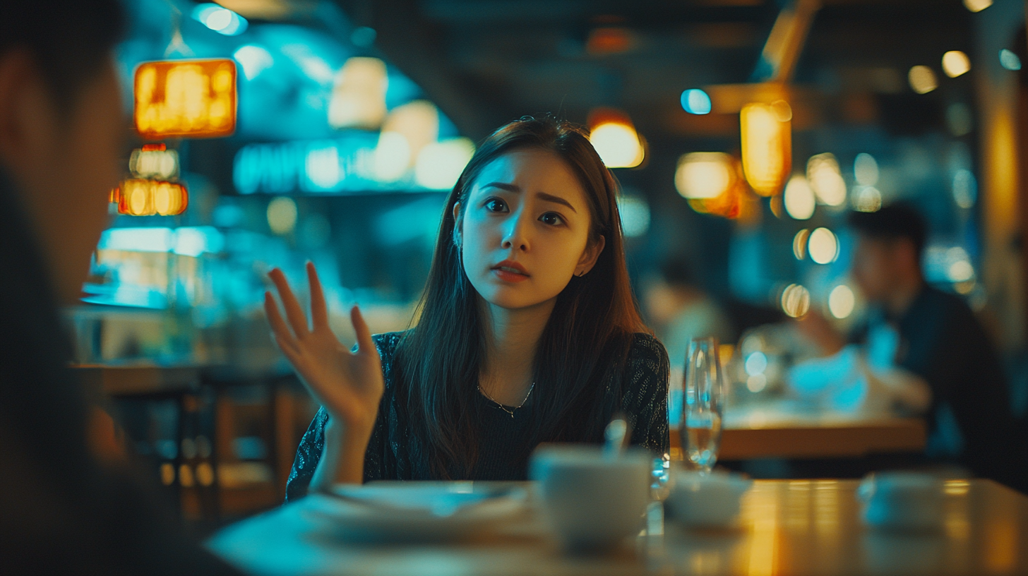 Lonely woman waits for busy waiter in dim restaurant