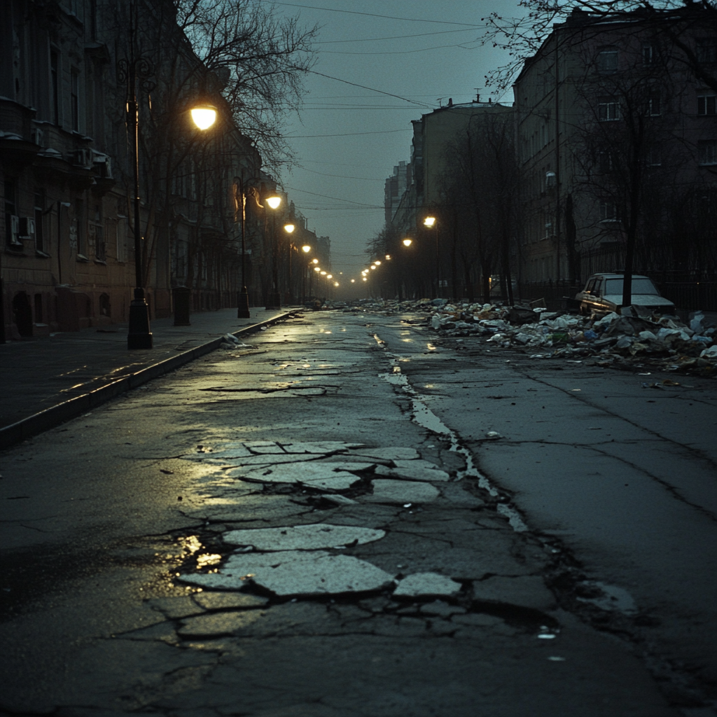 Long Russian street with dim lanterns, gloomy atmosphere.