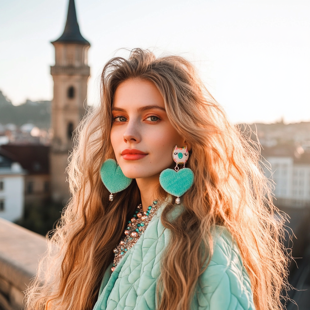 Long blonde hair, mint quilted shugai, cartoon cat earrings.