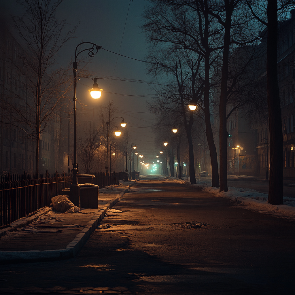 Long dim Russian street with broken sidewalks, garbage. Hollywood-style.