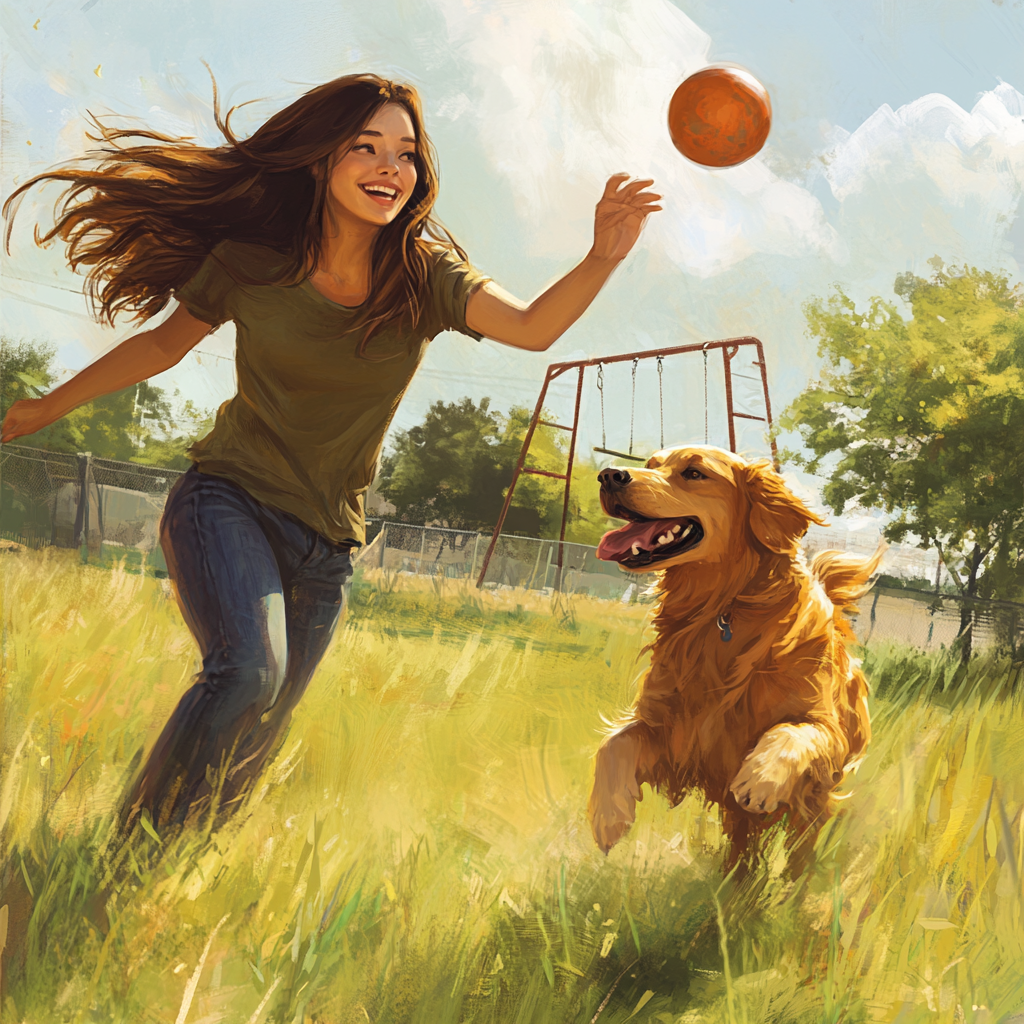 Long-haired girl and golden retriever play in field.