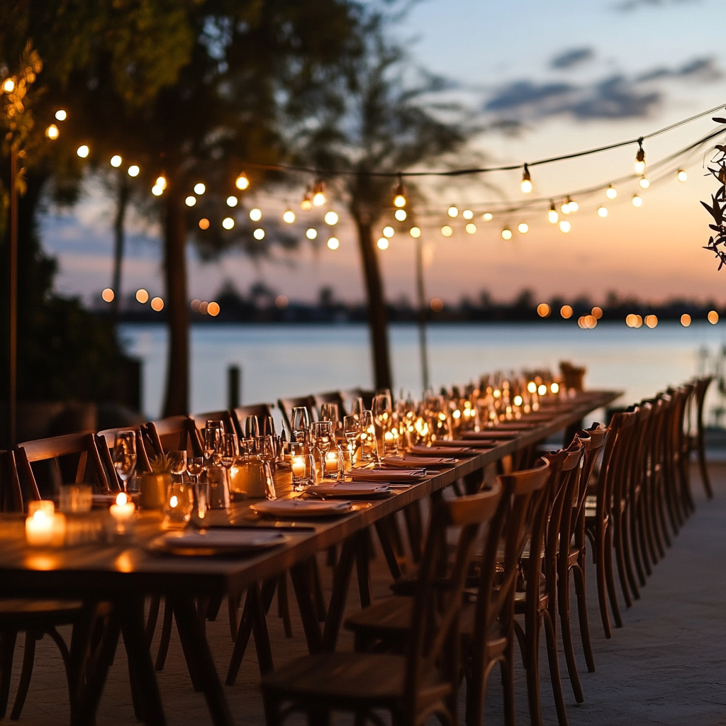 Long outdoor dining table, elegant wooden chairs, candlelight, string lights, calm water.