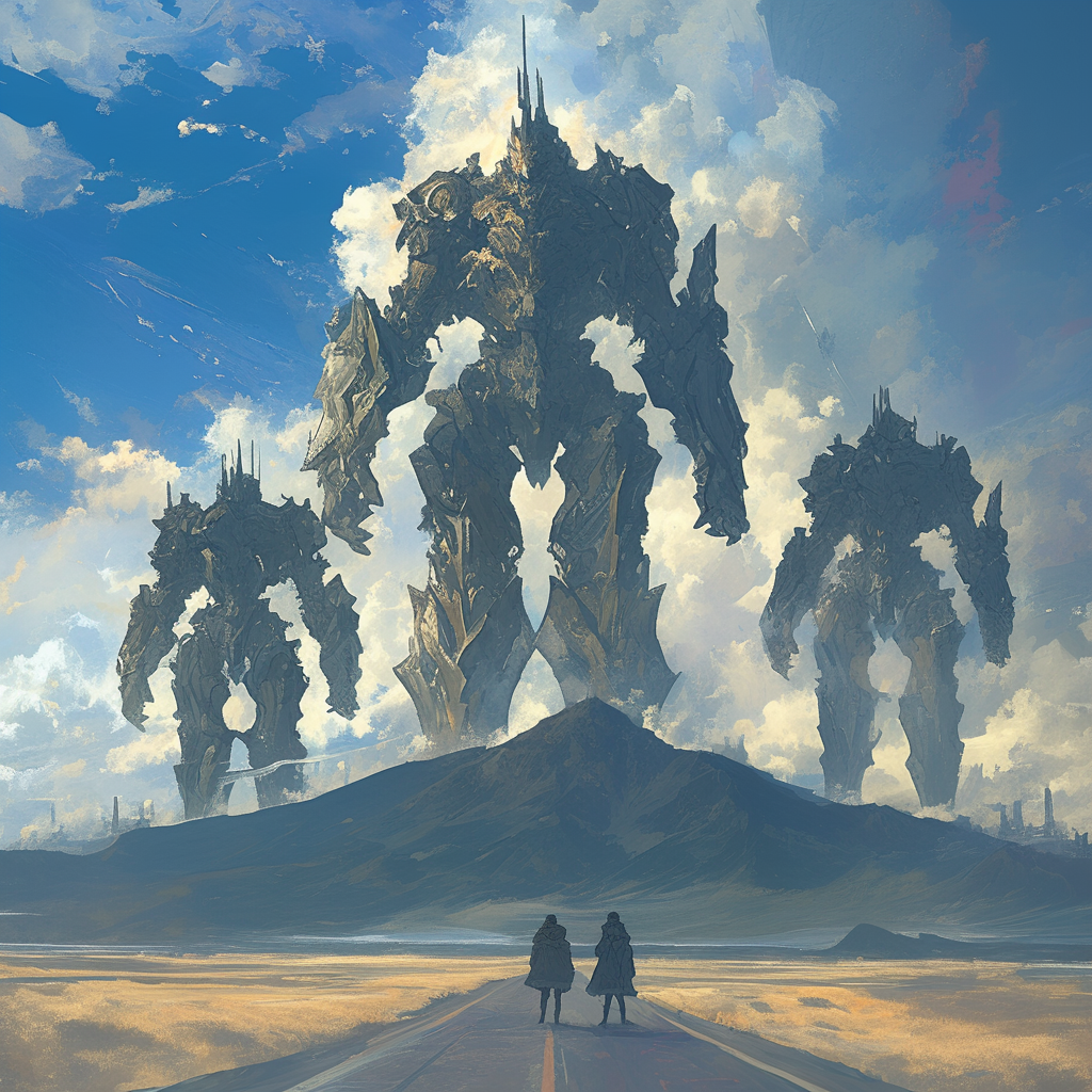 Long road to distant mountain. Massive robotic titans.