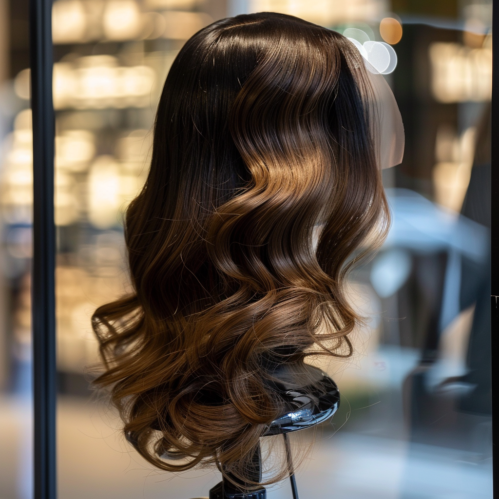 Long wavy brown lace front wig on mannequin.