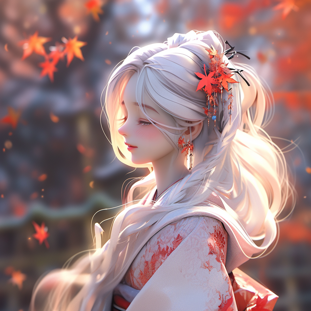 Long white hair, traditional kimono, maple leaves, 3D animation.