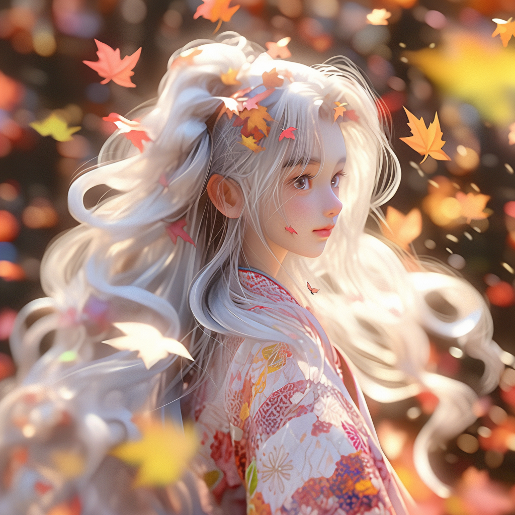 Long white hair girl in traditional Japanese kimono.