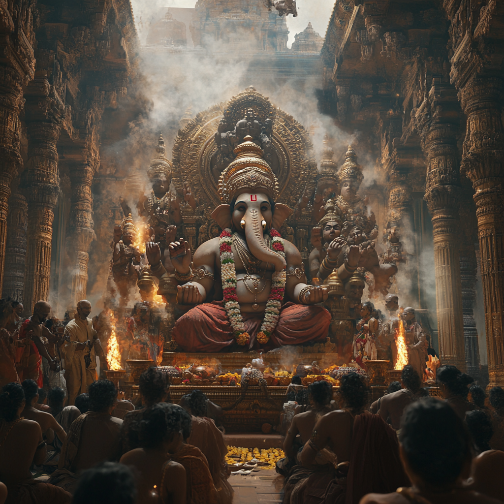 Lord Ganapathi surrounded by traditional devotees in open space.