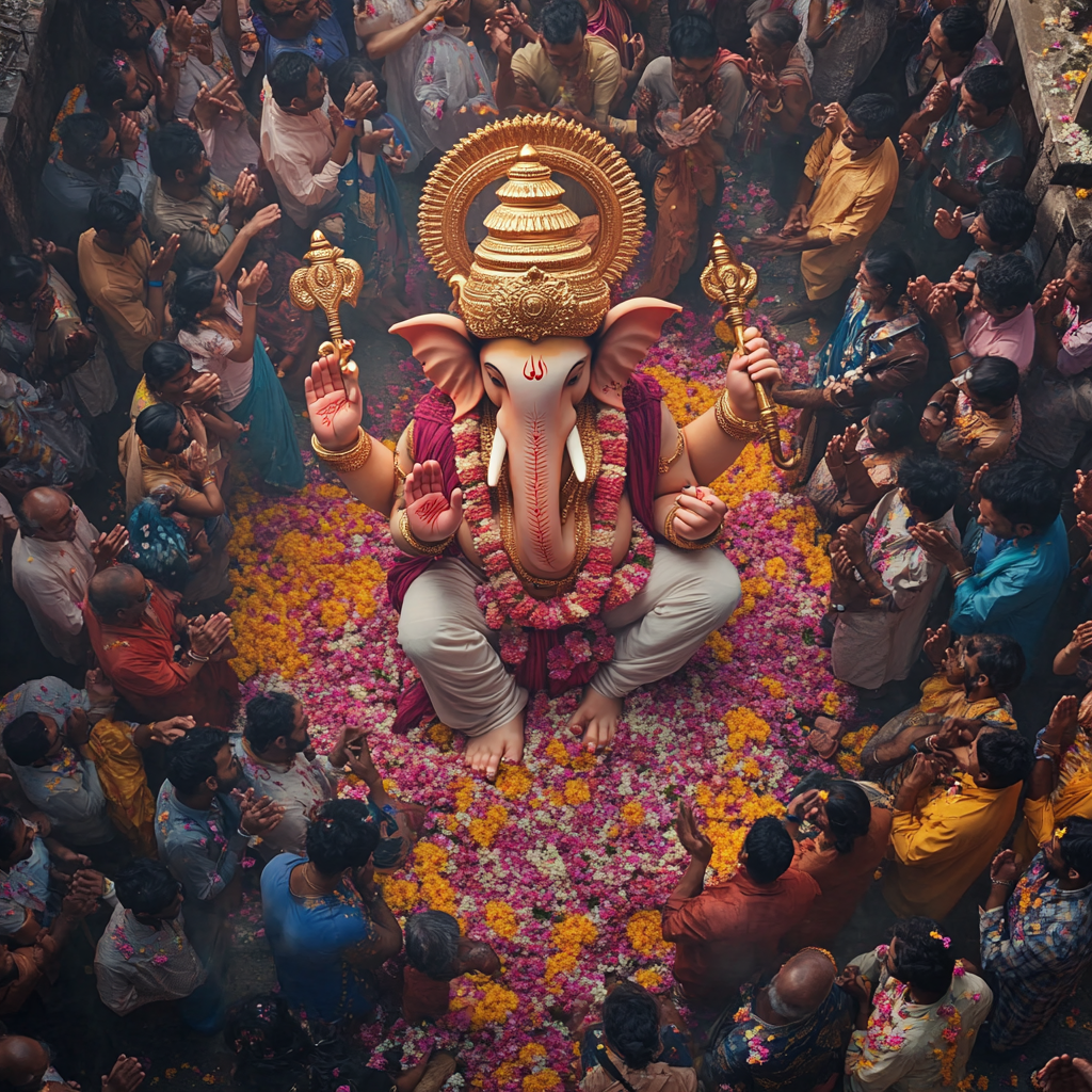 Lord Ganesh walking on flowered Mumbai street, people bow.