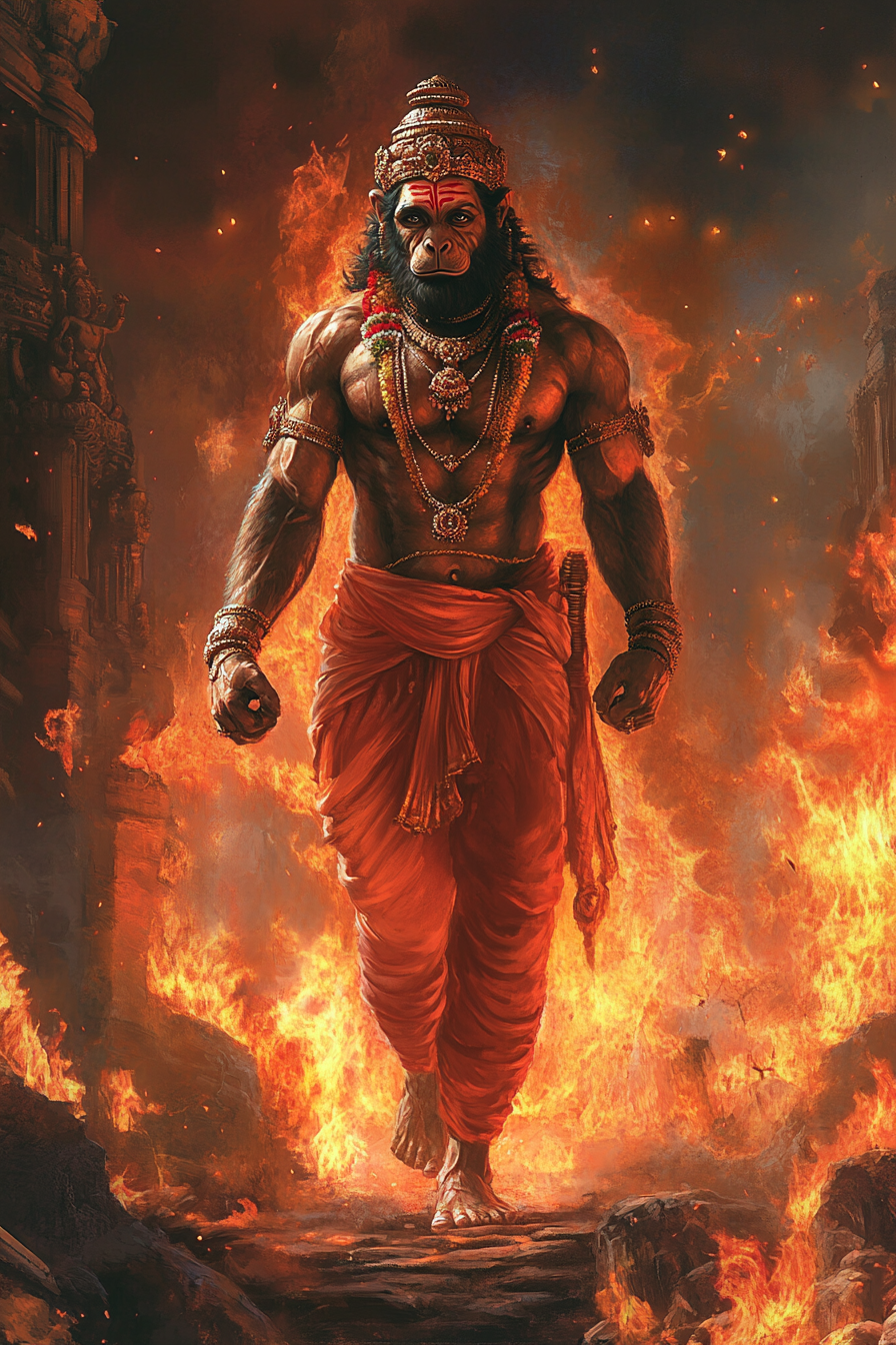 Lord Hanuman walking out of burning Lanka with abs.