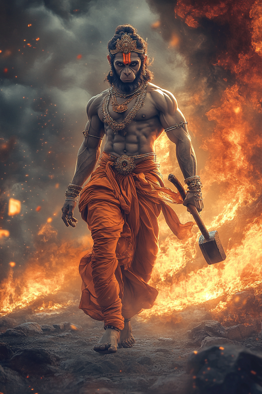 Lord Hanuman with abs, walking confidently with weapon.