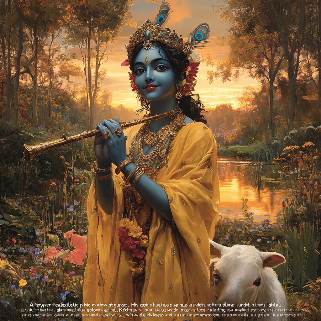 Lord Krishna Playing Flute in Tranquil Meadow