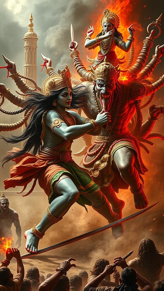 Lord Krishna defeats Narakasura demon, intense battle scene.