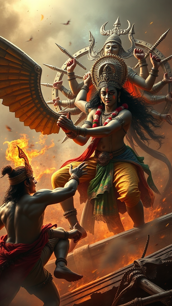 Lord Krishna defeats narakasura in fierce battle.